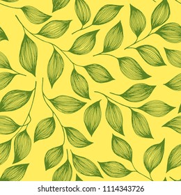 Wrapping tea leaves pattern seamless vector illustration. Minimal tea plant bush leaves floral fabric ornament. Herbal sketchy repeating background pattern with nature elements.