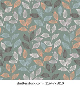 Wrapping tea leaves pattern seamless vector. Minimal tea plant bush leaves floral fabric ornament. Herbal sketchy seamless background pattern with nature elements. Colorful summer foliage wallpaper.