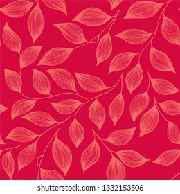Wrapping tea leaves pattern seamless vector illustration. Cute tea plant bush pink leaves floral fabric ornament. Herbal sketchy floral seamless pattern background.