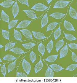 Wrapping tea leaves pattern seamless vector illustration. Trendy tea plant bush blue leaves floral textile ornament. Herbal sketchy floral seamless pattern background with nature elements.