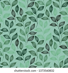 Wrapping tea leaves pattern seamless vector. Minimal tea plant bush leaves floral textile print. Herbal sketchy seamless background pattern with nature elements. Simple summer foliage wallpaper.