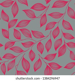 Wrapping tea leaves pattern seamless vector illustration. Decorative tea plant bush pink leaves floral fabric ornament design. Herbal sketchy repeating background pattern with nature elements.