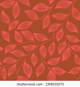 Wrapping tea leaves pattern seamless vector illustration. Cute tea plant bush pink leaves floral fabric ornament. Herbal sketchy floral seamless pattern background.