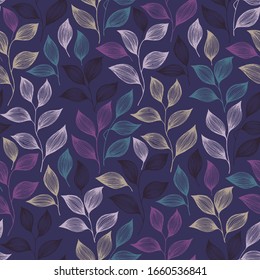 Wrapping tea leaves pattern seamless vector. Minimal tea plant bush leaves floral textile print. Herbal sketchy seamless background pattern with nature elements. Trendy summer foliage wallpaper.