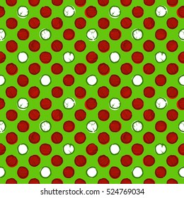Wrapping. vintage red and white polka dots on green background. Seamless pattern in ink hand drawn style.