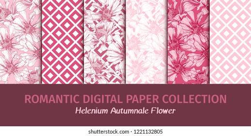 Wrapping or Wedding Digital Papers Collection. Romantic Pink Flowers Seamless Patterns for Valentines Day Holiday Decoupage. Vector Feminine Floral Wallpapers with Helenium Autumnale Flower