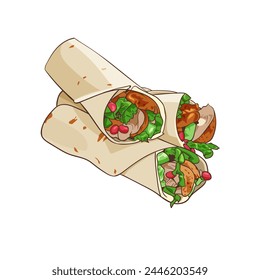 Envuelve con verduras y carne sobre fondo blanco, primer plano.