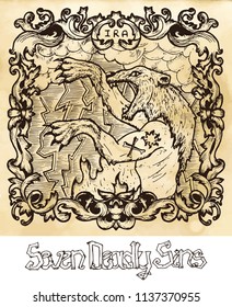 Wrath. Latin word Ira means Anger. Seven deadly sins concept on texture vector background. Vector collection with frame. Hand drawn engraved illustration, tattoo and t-shirt design, religious symbol