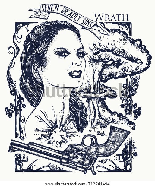 Wrath. Seven deadly sins tattoo\
and t-shirt design. Angry woman, symbol of rage, hatred,\
aggression. Angry girl, explosion of emotions, violence and\
hostility 