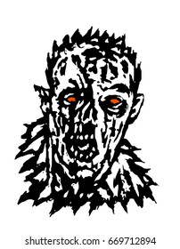 Wrath of the zombie. Vector illustration. Black and white colors. Scary monster face.