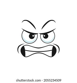 Wrathy sad emoticon with angry smile, social network chatting sign isolated icon. Vector grumpy sullen emoji, ireful or rageful facial emotion. Irritated angry smiley in bad mood, rageful smile