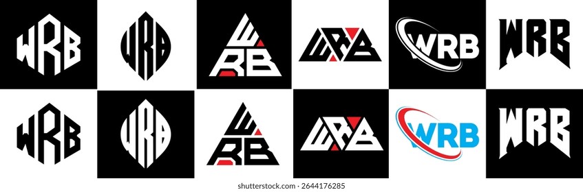 WRB letter logo design in six style. WRB polygon, circle, triangle, hexagon, flat and simple style with black and white color variation letter logo set in one artboard. WRB minimalist and classic logo