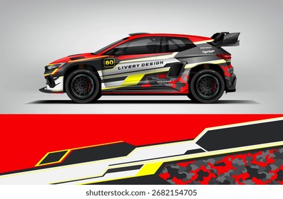 WRC Rally Car Wrap – Red Yellow Camouflage Racing Livery Vector EPS