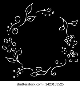 Wreath of abstract flowers and branches isolated on black background. Foral frame design elements for invitations, greeting cards. Hand drawn vector illustration.