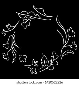 Wreath of abstract flowers and branches isolated on black background. Foral frame design elements for invitations, greeting cards. Hand drawn vector illustration. Line art.