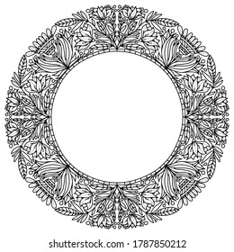 wreath with abstract flowers and ornaments drawn for coloring on a white background, vector