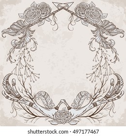 Wreath with antler, feather, arrow, flower, leaf and branch in boho style. Isolated elements. Design concept for wedding invitations and birthday cards. Vintage hand drawn vector illustration.