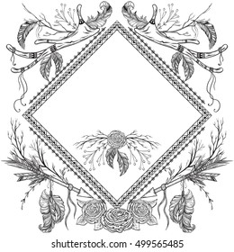 Wreath with antler, feather, arrow, flower, leaf and branch in boho style. Isolated elements. Design concept for wedding invitations and birthday cards. Vintage hand drawn vector illustration.