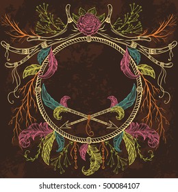 Wreath with antler, feather, arrow, flower, leaf and branch in boho style. Isolated elements. Design concept for wedding invitations and birthday cards. Vintage hand drawn vector illustration.