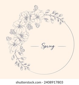 Wreath of apple blossom flowers, buds and branches, vector illustration. Frame with spring flowers of apple tree. Engraving style.