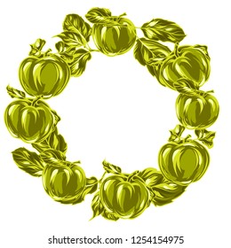 Wreath with apples and leaves. Stylized hand drawn fruits.