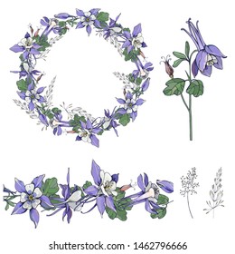 Wreath Aquilegia drawing floral vector set for holiday decoration and greeting cards