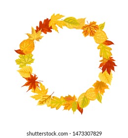 Wreath with autumn falling leaves vector illustration isolated on white background. Design element for poster, web, flyers, invitation, postcard, Happy Thanksgiving day. Place for text. Flat style.