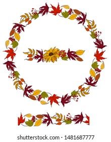 Wreath of autumn flowers, leaves and berries and vector seamless pattern of autumn plants