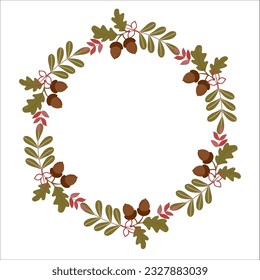 Wreath of autumn leaves and acorn branches. Perfect decor for postcards and posters and invitations.