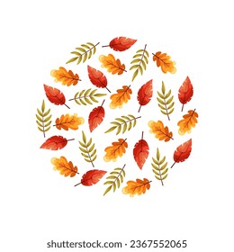 Wreath of autumn leaves. Background with hand drawn autumn leaves. Fall of the leaves. Sketch, design elements. Vector illustration. Design element for poster, web, flyers, invitation, postcard, Happ