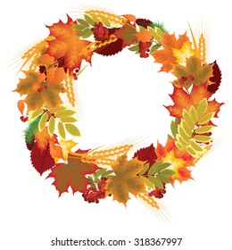 wreath of autumn leaves, berries and ears