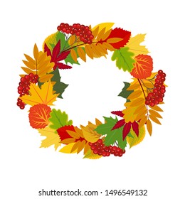 Wreath of autumn leaves with branches of Rowan. Symbol of the autumnal equinox (Mabon). Without background, isolated, clip art for your design.