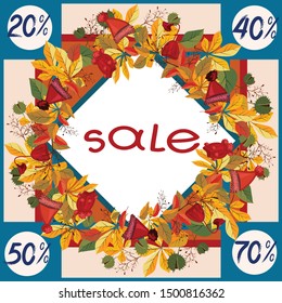 Wreath of autumn leaves, caps, gloves. Template for seasonal sales.
Shop advertising, autumn products. Banner. Flat. Vector illustration, isolated image.
