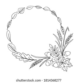 Wreath of autumn leaves. Doodle freehand illustration. Round frame. Black outline on a white background.