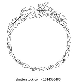 Wreath of autumn leaves. Doodle freehand illustration. Round frame. Black outline on a white background.