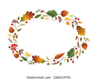 Wreath with autumn leaves for Happy Thanksgiving banner background. Garland with colorful red, orange yellow foliage. Elegant fall frame, herb forest ellipse, oval border. Vector illustration template