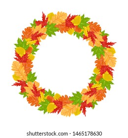 Wreath of autumn leaves isolated on white background. Bright colored fallen leaves. Vector illustrations of autumn garland in cartoon simple flat style.