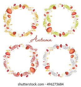 Wreath of autumn leaves and mushrooms in vector style. Beautiful round wreath of yellow and red leaves, mushrooms, berries, and branches. Decor for invitations, greeting cards, posters. Sunny autumn