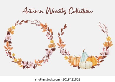 Wreath of autumn leaves and pumpkins in watercolor style