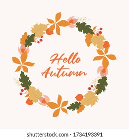 Wreath with autumn leaves. Round colorful frame with oak,maple,chestnut leaves. Autumn colors. 