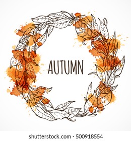 Wreath with autumn leaves. Autumn. Space for text. Autumn pattern.Autumnal round frame. Wreath of autumn leaves. Background with hand drawn autumn leaves. Fall of the leaves