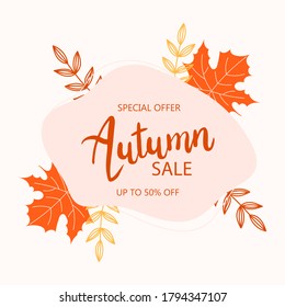 Wreath with autumn leaves.Sale banner. Round colorful frame with orange leaves