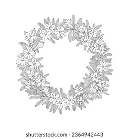 Wreath with azalea, rhododendron. Montain wildflowers. Floral element. Hand drawn sketch. Vector drawing isolated on white background.