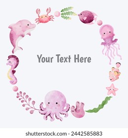 Wreath, background with sea animals vector cartoon watercolor