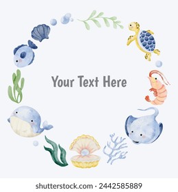 Wreath, background with sea animals vector cartoon watercolor