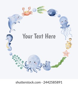Wreath, background with sea animals vector cartoon watercolor