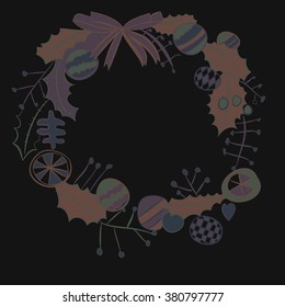 Wreath of balls, branches,leaves, doodles, spots, hole,  copy space. Hand drawn.