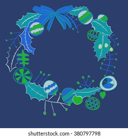 Wreath of balls, branches,leaves, doodles, spots, hole,  copy space. Hand drawn.