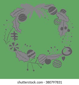 Wreath of balls, branches,leaves, doodles, spots, hole,  copy space. Hand drawn.