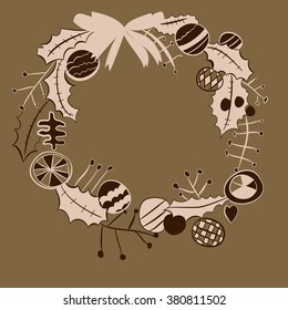 Wreath of balls, branches,leaves, doodles, spots, hole,  copy space. Hand drawn.